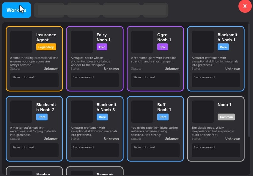 Early inventory UI prototype showing worker cards with state, modifier, and status detail